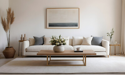 Cozy and stylish living room featuring a comfortable sofa, wooden coffee table, and tasteful wall art in a neutral palette