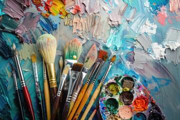 Fototapeta premium Aesthetic background adorned with an array of paint brushes and a palette of different colored pastel paints