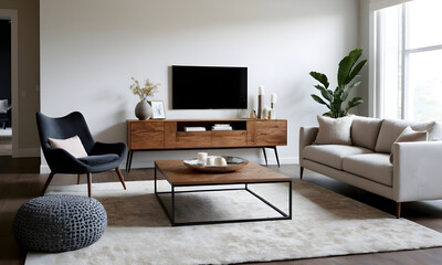 Stylish and contemporary living room featuring a cozy sofa, chic armchair, wooden tv console, and a sleek coffee table