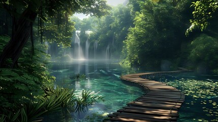 a serene forest scene with a wooden path leading to a tranquil lake. The lake is surrounded by lush greenery and cascading waterfalls, creating a peaceful and inviting atmosphere - Powered by Adobe