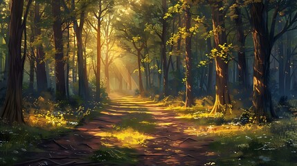 a serene forest trail, bathed in the soft glow of sunlight filtering through the canopy of trees