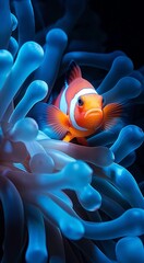 A clown fish swimming among the white anemones