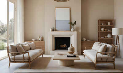 Serenely stylish living room interior with elegant furnishings and panoramic ocean views through expansive glass windows