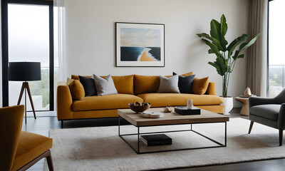 Elegant living room with a cozy couch, trendy armchairs, ornamental plants, and a framed artwork, all illuminated by natural light