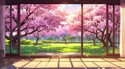 A serene living room open window garden full cherry blossom trees, overlay loop, animated virtual backgrounds, vtuber asset twitch zoom OBS, manga style anime chill hip hop 4k Animation video