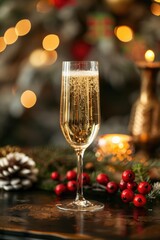Festive Champagne Glass with Holiday Decor and Bokeh Lights in Background
