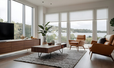 Fototapeta premium Elegant living room interior with large windows revealing a tranquil lake view, contemporary furniture, and tasteful home decor