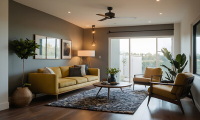 Stylish living room featuring a mustard yellow sofa, armchairs, decorative plants, and artwork under soft, ambient lighting for a homey atmosphere