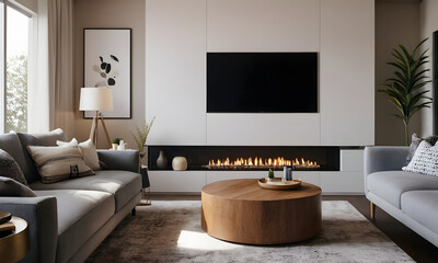 Inviting and stylish contemporary living room with a sleek fireplace, comfortable seating, and warm neutral tones