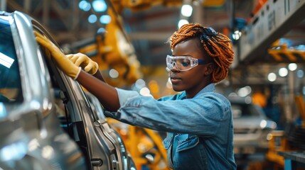 Afro American woman working on car assembly line in factory