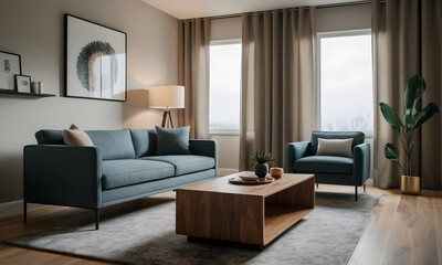 The living room exudes peace and tranquility with its blue sofa, wooden coffee table, large window, and houseplant