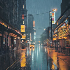 Obraz premium A rainy street at night, illuminated by streetlights, glistens with wet pavement. 