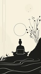 Silhouette of a woman meditating with a laptop, minimalist style.