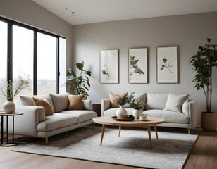 Fototapeta premium Relaxing living space featuring houseplants, natural light, and minimalist furniture. Perfect for showcasing a peaceful home environment
