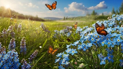 Granater AI Butterflies fluttering among blue flowers in a vibrant wallpaper design.