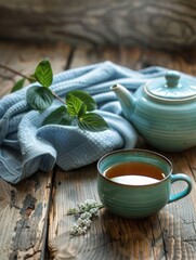 Cozy tea setup with ceramic teapot, cup, and blue cloth on rustic wooden table, perfect for relaxation and comfort.