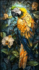 Fototapeta premium stained glass of a colorful macaw surrounded by lush green leaves and vines, with its vibrant red feathers shining in the sunlight.
