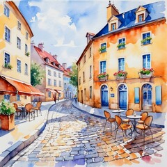 Watercolor illustration of a charming European street with cobblestones and cafes.