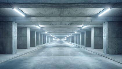 Modern Underground Parking Garage with Concrete Columns and Bright Fluorescent Lighting, Symmetrical Architecture, Empty and Clean, Industrial Design, Urban Infrastructure, Spacious and Well-Lit