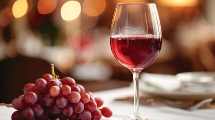 Elegant Glass of Red Wine with Fresh Grapes on a White Tablecloth in a Cozy Restaurant Setting with Warm Ambient Lighting and Bokeh Background