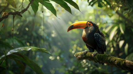 Fototapeta premium Toucan bird sitting on a branch with tropical forest background.