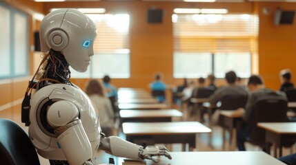 Fototapeta premium A humanoid robot with a wired head, acting as a teacher in a modern classroom filled with students, symbolizing the future of education.