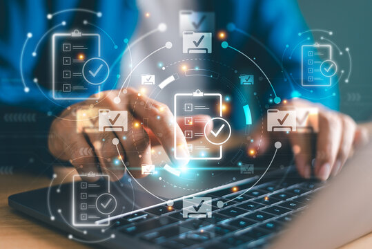 Document management services concept. Business database electronic document, online data storage network. Businessman working on a laptop with document management icon, Online file technology system