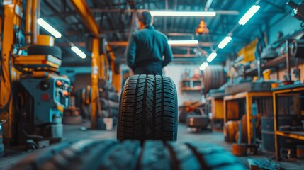 Fototapeta premium Mechanic in Modern Auto Repair Shop with Focus on Tire in Foreground, Industrial Workshop with Tools and Equipment, Professional Automotive Maintenance and Service