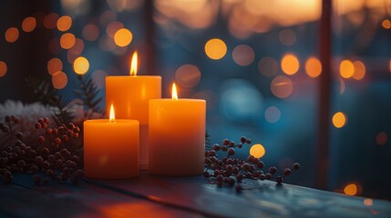 Cozy Candlelit Evening with Warm Bokeh Lights and Festive Decorations on Wooden Table, Perfect for Holiday and Winter Season Themes