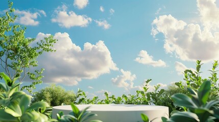 A podium placed outdoors against a backdrop of clear skies and lush greenery, serving as a platform for advocating ozone layer conservation efforts on World Ozone Day
