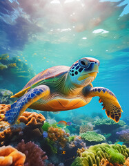 Obraz premium Turtle swimming underwater amongst coral in a tropical ocean in portrait orientation