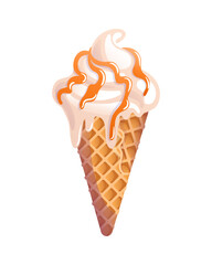 Creamy vanilla ice cream in a waffle cone with caramel or fruit topping. Summer cold dessert. Delicious crispy soft sweets, realistic food illustration. For menu, cafe, stickers, design elements.