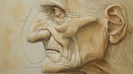 Obraz premium Highly detailed sketch of an aged man's face focusing on anatomical features and aging effects, rendered with precision and depth.