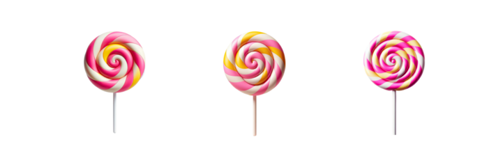 Set of three Pink, white and yellow spiral lollipop icon, isolated over on transparent white background