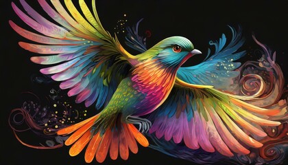 Obraz premium A colorful bird flying spreading wings, dark background