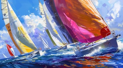 A group of sailboats fiercely racing in the ocean, colorful sails billowing in the wind