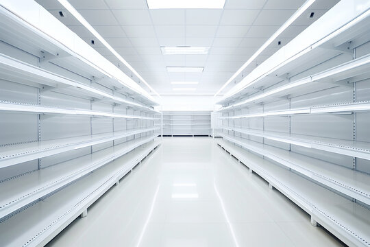 Grocery store with white empty shelves waiting for goods