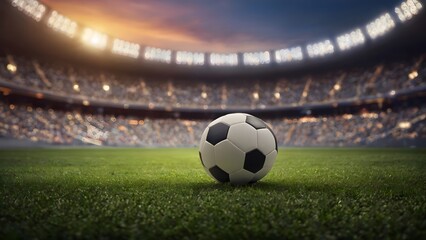 soccer ball on stadium, green field, sports, football background