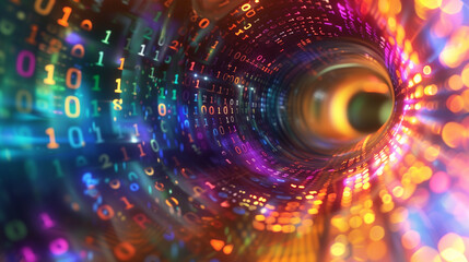 Obraz premium Colorful Bytes of Binary Code in a Tunnel