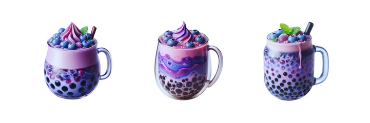 Set of three cup of Taro blueberry boba tea, isolated over on transparent white background