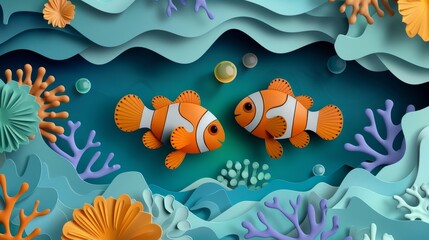 Fototapeta na wymiar Colorful illustration of two clownfish swimming among vibrant corals in an underwater ocean scene, showcasing marine life and aquatic beauty.