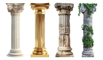 Set of columns pillars isolated on transparent background