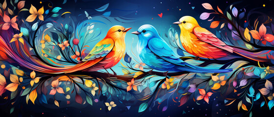 Vibrant illustration of three colorful birds on a branch with colorful leaves, depicting a lively and imaginative nature scene.