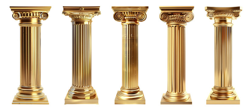 Golden columns, Classic antique gold pillars isolated on transparent background