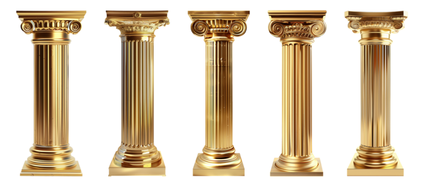 Golden columns, Classic antique gold pillars isolated on transparent background - Powered by Adobe