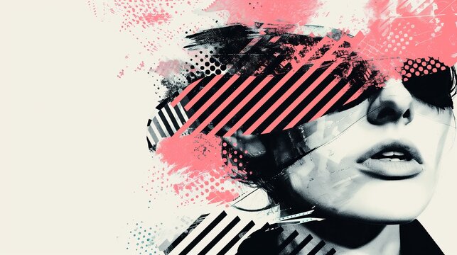 abstract young female wearing black sunglasses with abstract pink black patterns overlaying eyes forehead modern aesthetic - Powered by Adobe
