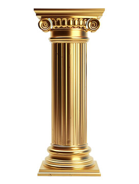 Golden column, classic antique gold pillar isolated on transparent background