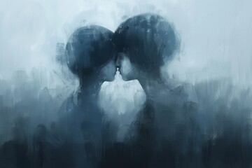 Mystical embrace of two silhouettes in a foggy dreamscape