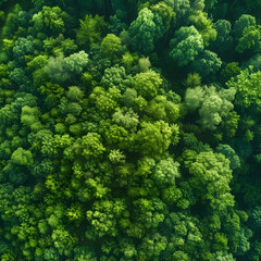 Naklejka premium Overhead shot of dense tree tops in a vibrant forest, showcasing nature's patterns and textures