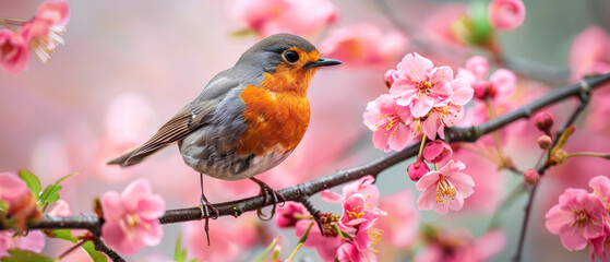 A small bird perched on a branch surrounded by blooming pink flowers, captured in a serene, vibrant spring scene.